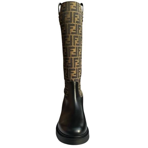 Fendi Filo FF Monogram Canvas and Leather Knee High Boots Black Brown Size 12 - Picture 3 of 16